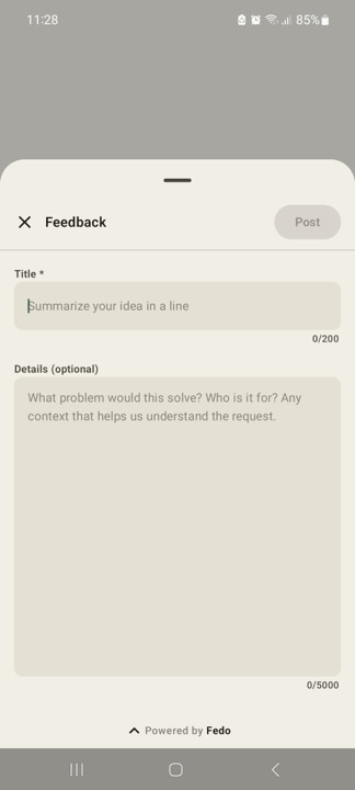 Fedo create-feedback bottom sheet on Android: submission form with title and details fields