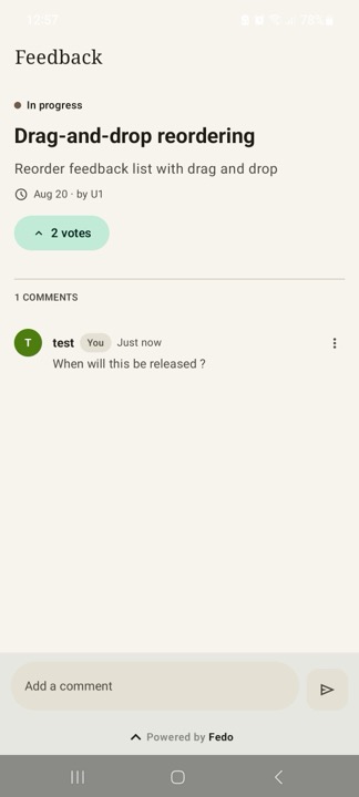 Fedo feedback details on Android: status badge, title, description, author and date, votes button, comments list with a You badge, and an Add a comment field