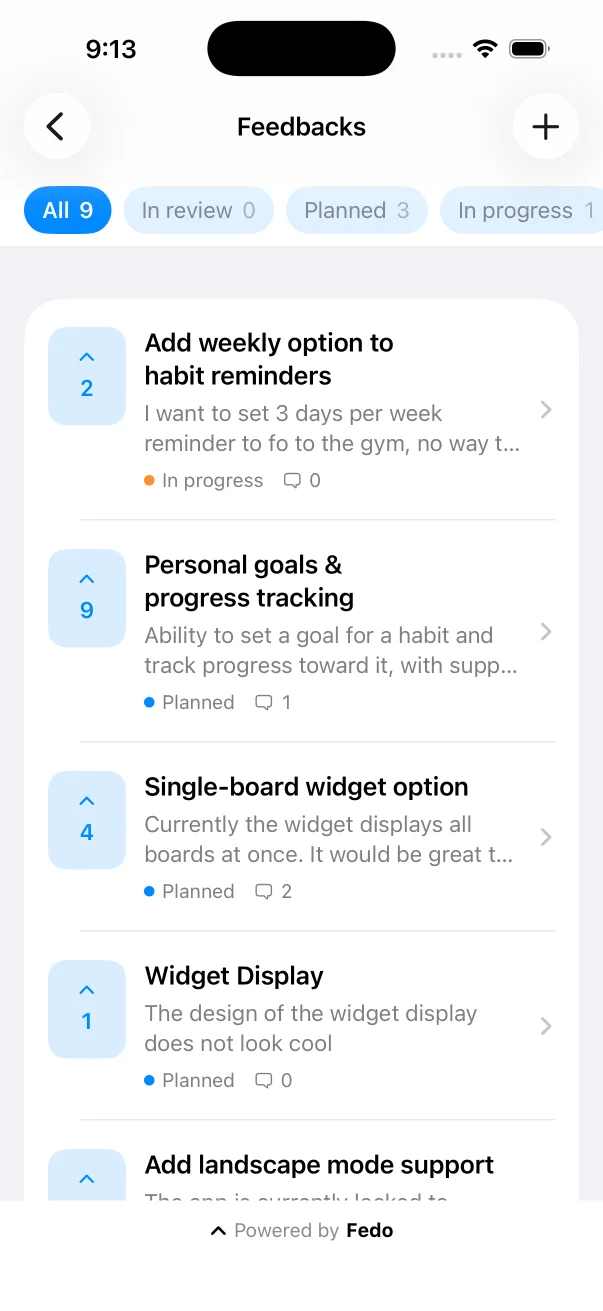 Fedo feedback board on iOS: feature request list with vote counts and status filter tabs